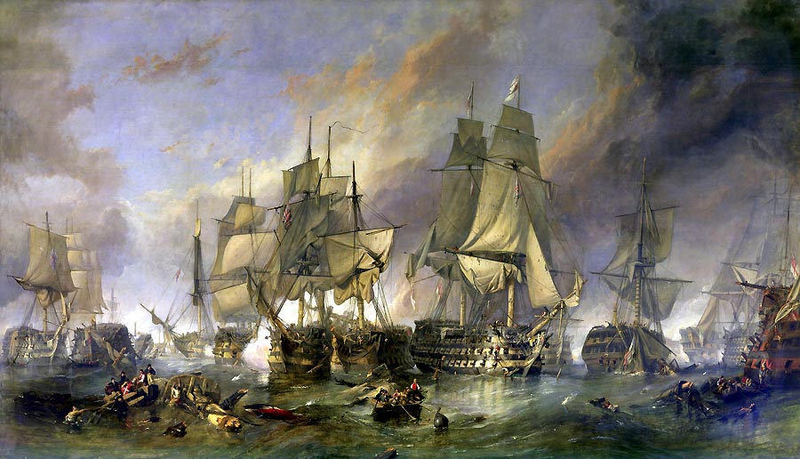 Bitka pri Trafalgare, ako ju na plátne stvárnil Clarkson Stanfield. Británia v nej dosiahla svoje najslávnejšie víťazstvo na mori a upevnila si postavenie námornej veľmoci.