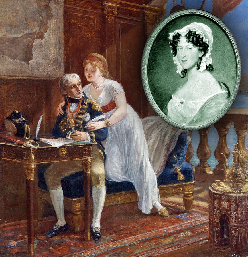 Horatio Nelson a lady Emma Hamiltonová na štylizovanom obraze neznámeho autora z prvej polovice 19. storočia.. Námorný dôstojník sa s manželkou anglického veľvyslanca zoznámil v Neapole a plodom ich mileneckého vzťahu bolo admirálovo jediné dieťa – nemanželská dcéra Horatia (na malom portréte vloženom vpravo hore).