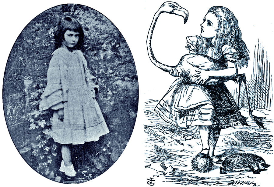 Na fotografii vľavo z roku 1860 je skutočná Alica Lidellová, vpravo je knižná Alica na ilustrácii Johna Tenniela.