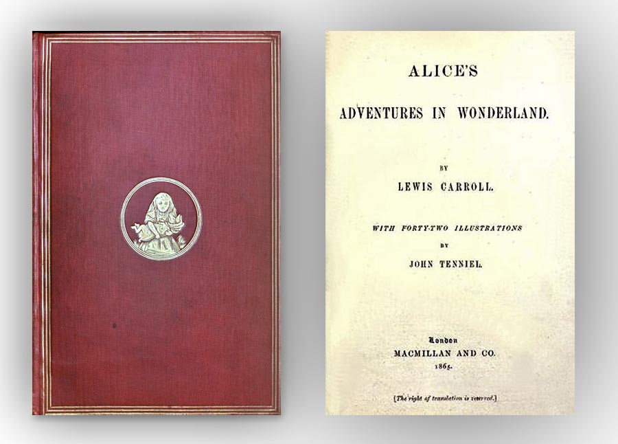 Obálka a úvodná strana prvého vydania knihy Lewisa Carolla o Alici z novembra 1865. 