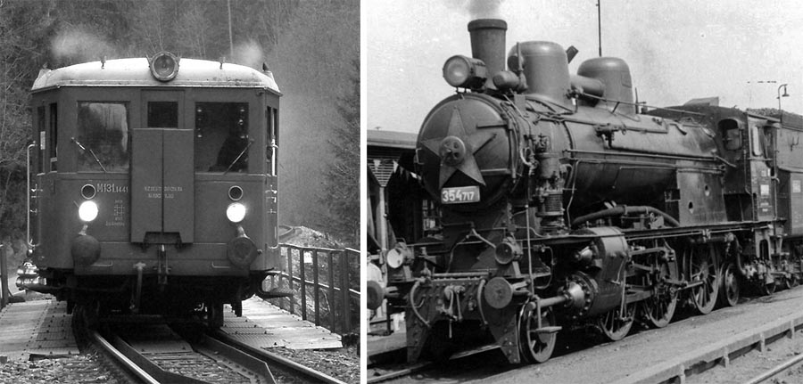 Takéto typy rušňov ťahali súpravy, ktoré do seba čelne narazili pri Stéblovej. Vľavo je motorový vozeň zo série M 131.1 (aktérom zrážky bol vozeň s evidenčným číslom M 131.1272), na fotografii vpravo je parná lokomotíva zo série 354.7 (rušeň pri Stéblovej mal evidenčné číslo 354.7128).