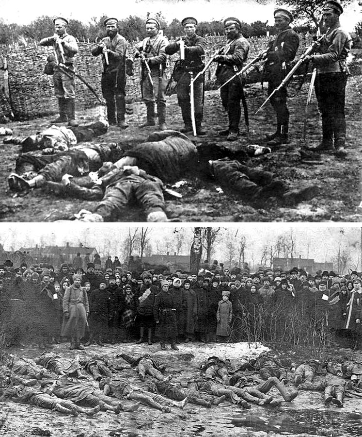 Zverstiev sa počas občianskej vojny v Rusku dopúšťali obe strany. Na hornej snímke pózujú nad svojimi obeťami príslušníci Bielej armády, snímka dolu zachytáva obete boľševického teroru. 