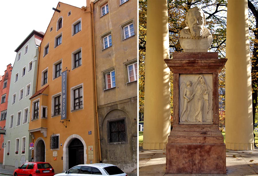 Dom v Regensburgu, v ktorom 15. novembra 1630 Johannes Kepler zomrel. Na snímke vpravo je jeho busta postavená v altánku neďaleko súčasnej regensburskej železničnej stanice. Približne v týchto miestach bol na začiatku 17. storočia cintorín, na ktorom pochovali aj slávneho matematika a astronóma.