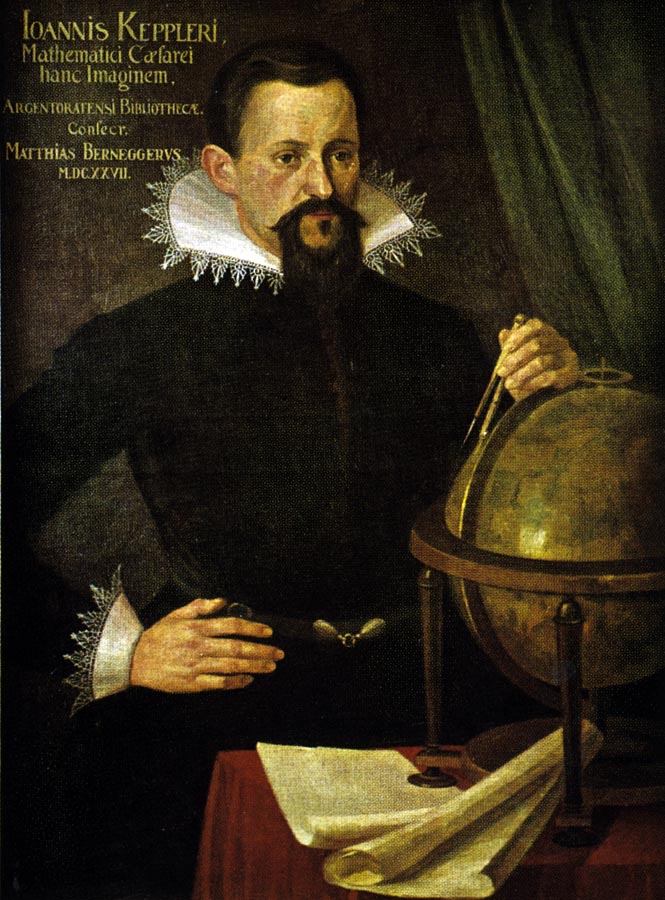Johannes Kepler na nedatovanej olejomaľbe od neznámeho autora. Text v ľavom hornom rohu prezrádza iba to, že tento portrét cisárskeho matematika venoval v roku 1627 štrasburskej knižnici Matthias Bernegger. Bol to nemecký astronóm a Keplerov priateľ.