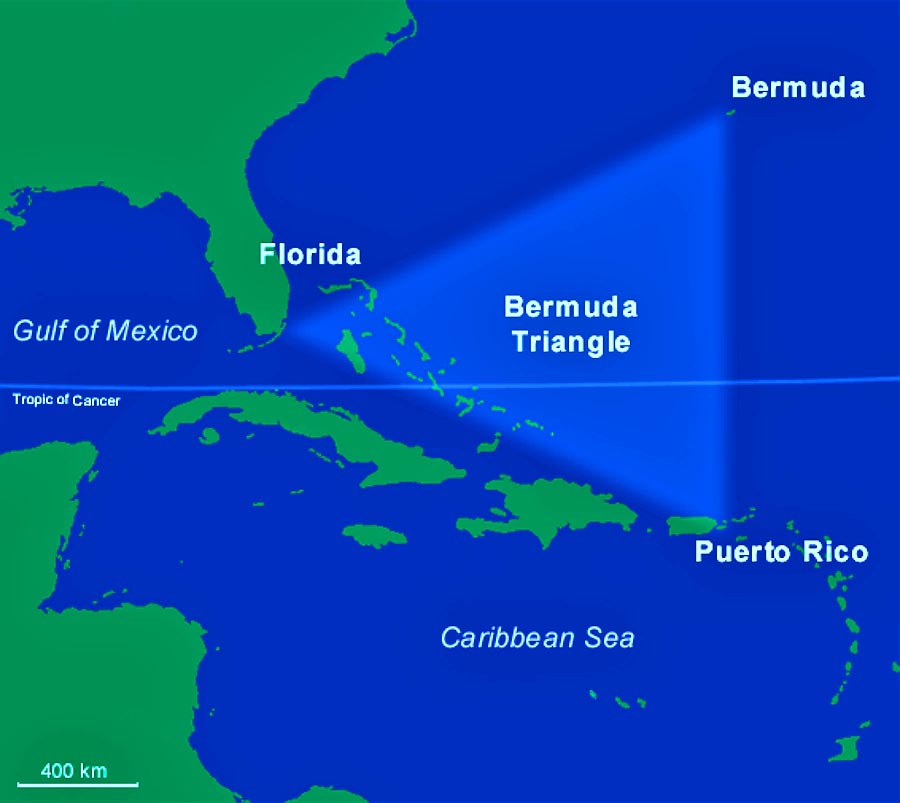 Bermudský trojuholník tvorí oblasť v Atlantiku, približne ohraničená mestom Miami na Floride, Portorikom a Bermudami.
