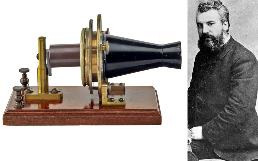 Alexander Graham Bell a jeden z jeho prvých telefonických aparátov. Prvý úspešný hovor uskutočnil tri dni po tom, ako dostal na svoje zariadenie patent.