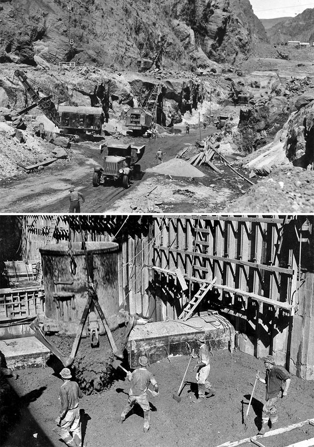 .Kvôli Hooverovej priehrade bolo treba odstrániť osem miliónov ton skál a pri jej stavbe sa použilo tri a pol milióna kubických metrov betónu, .