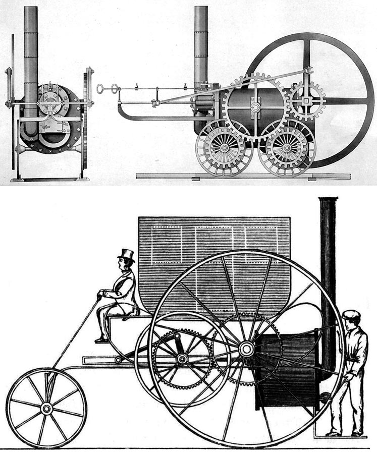 Dva z Trevithickových vynálezov. Na hornom obrázku je jeho parná lokomotíva z roku 1803, dolu takzvaný Londýnsky parný kočiar.