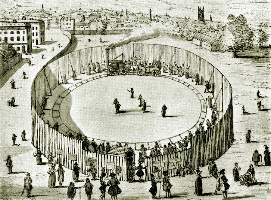 Dobové zobrazenie parného „vlaku“, ktorý v lete 1808 premával v Londýne po kruhovej dráhe. Záujemcovia sa ním mohli odviezť za jeden šiling.