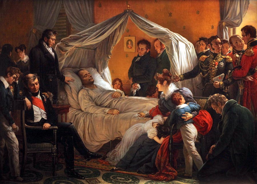 Napoleon na smrteľnej posteli, ako si túto scénu predstavoval francúzsko-nemecký maliar Charles von Steuben.