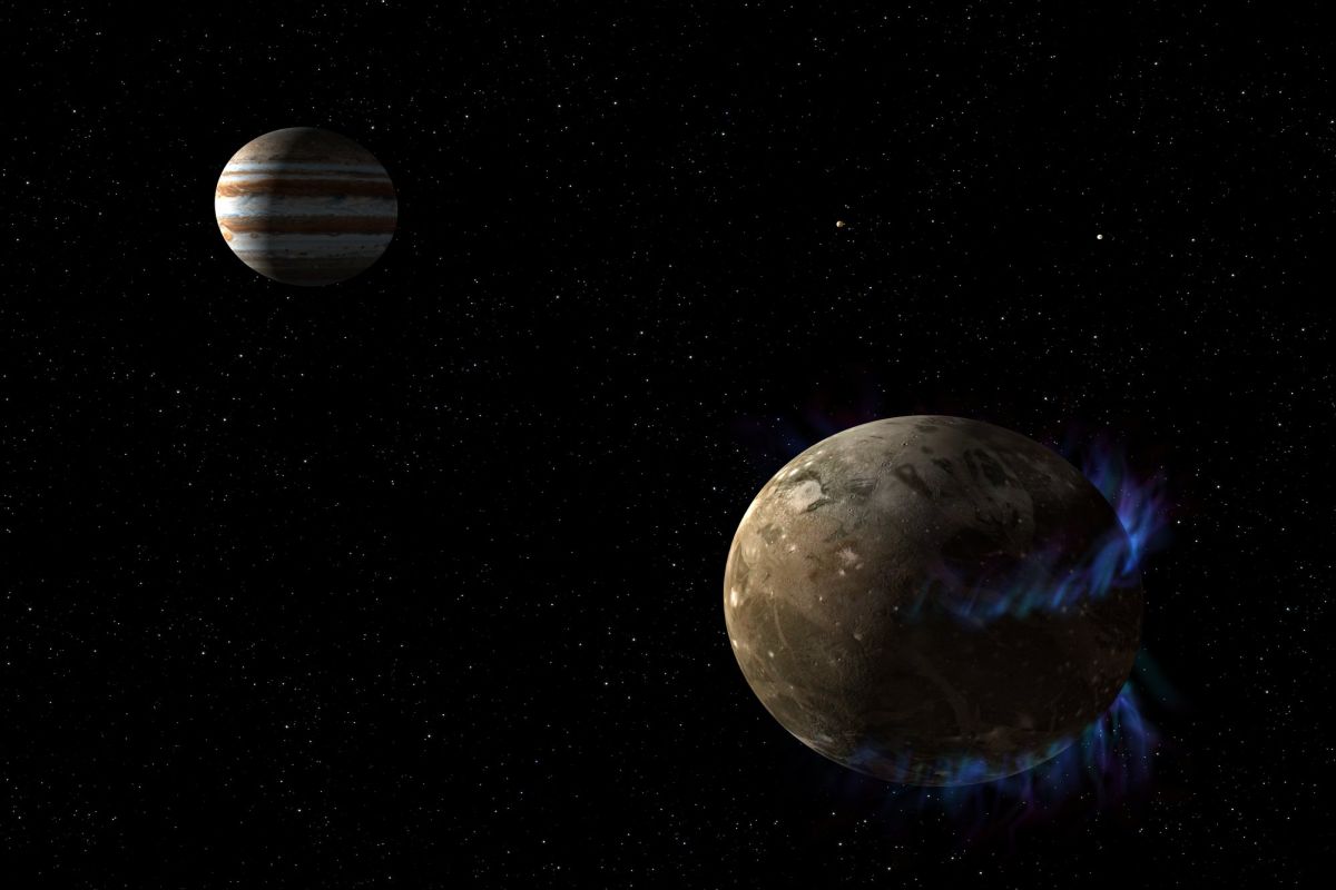 Na fotografii mesiac Ganymede obieha okolo obrovskej planéty Jupiter