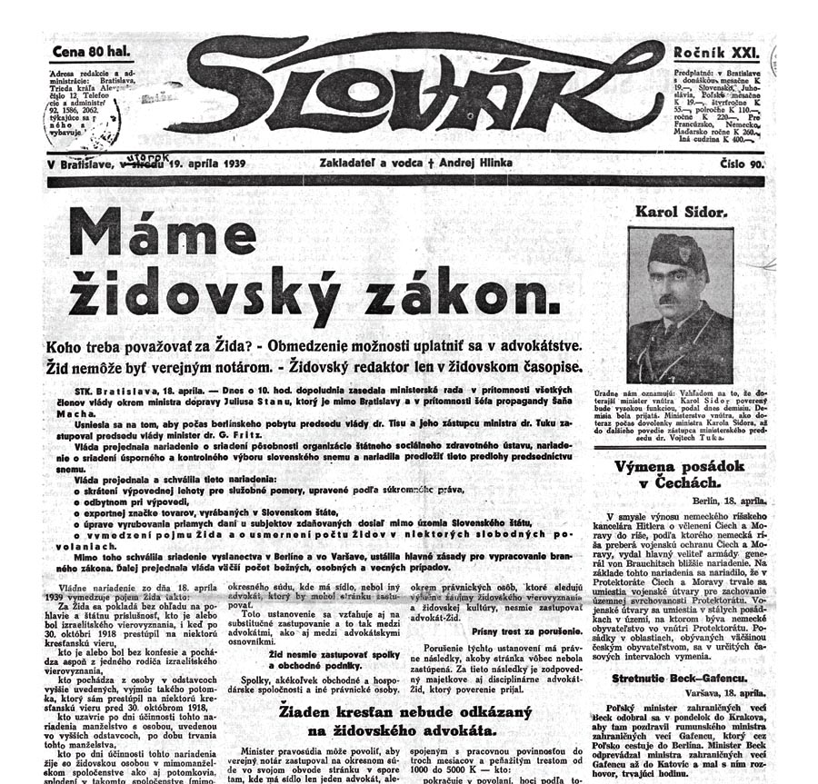 Titulná strana denníka Slovák z 19. apríla 1939 s informáciou o prvých opatreniach proti Židom, ktoré prijala slovenská vláda.