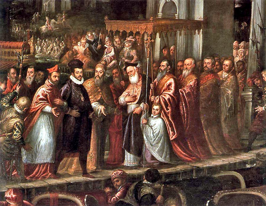 Privítanie francúzskeho kráľa Henricha III. v Benátkach na olejomaľbe Andreu Vicentina.
