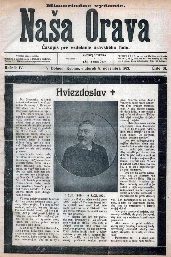 Mimoriadne vydanie novín Naša Orava z 8. novembra 1921.