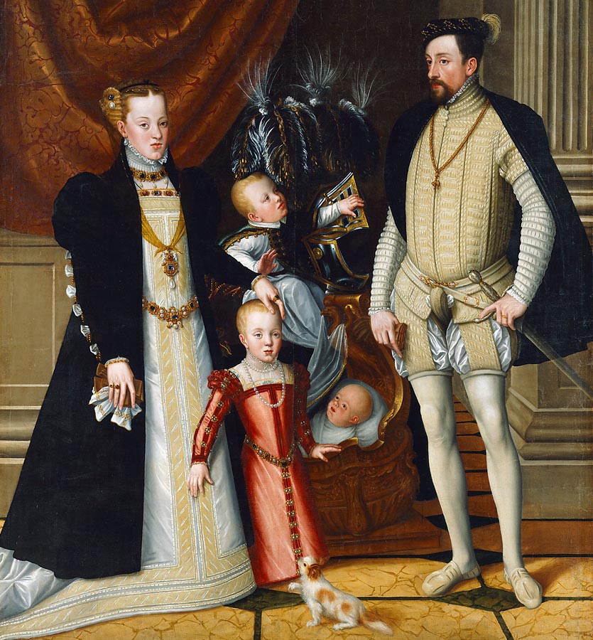 Maximilián II. s manželkou a deťmi – najstaršou Annou, budúcou španielskou kráľovnou, Rudolfom a najmladším (v tom čase) Ernestom.