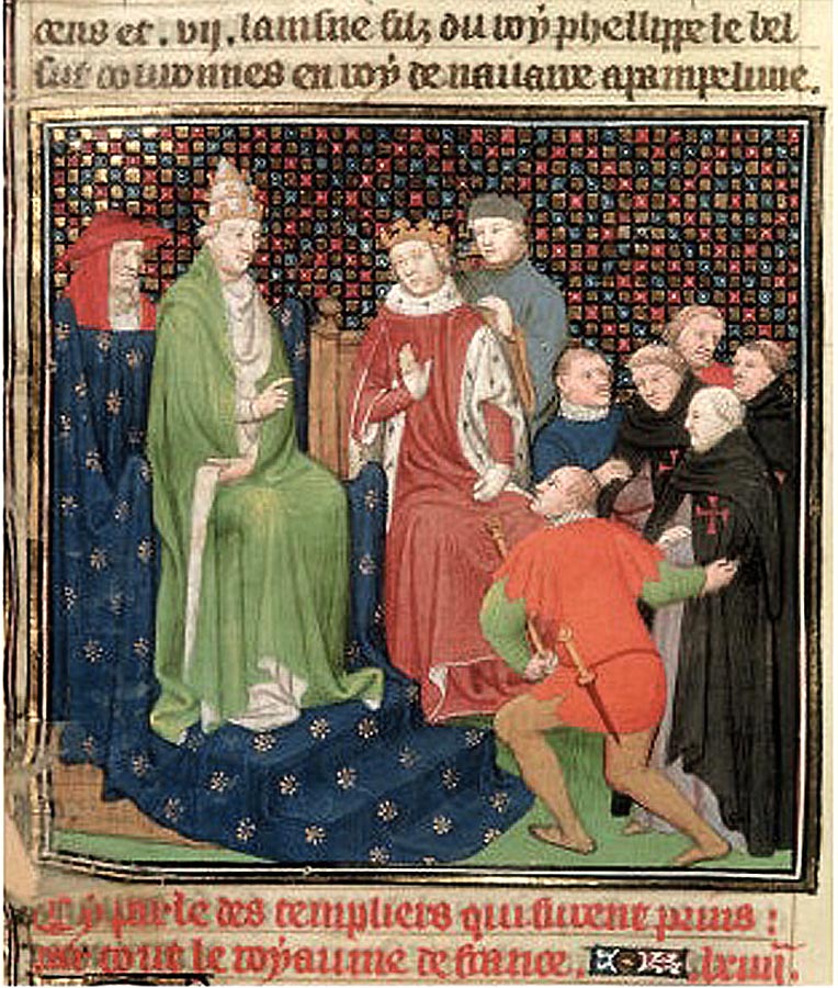 Francúzsky kráľ Filip IV. a pápež Klement V. počas procesu proti templárom na ilustrácii anonymného autora z 15. storočia.
