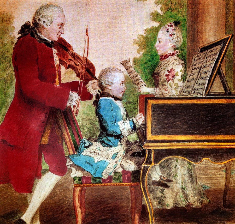 Rodina Mozartovcov – otec Leopold hrá na husliach, Wolfgang na piane, staršia sestra Maria Anna spieva. Na turné koncertovali korunovaným hlavám a aristokracii vo viacerých krajinách.
