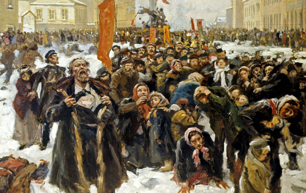 Masaker Petrohradčanov počas krvavej nedele v januári 1905, ako ho zobrazil maliar Vladimir Makovskij. 