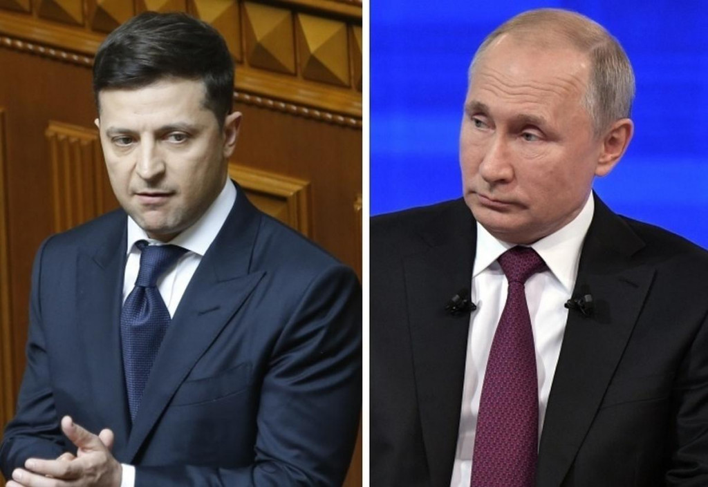 Ukrajinsk&yacute; prezident Volodymyr Zelenskyj a rusk&yacute; prezident Vladimir Putin. FOTO: TASR/kol&aacute;ž