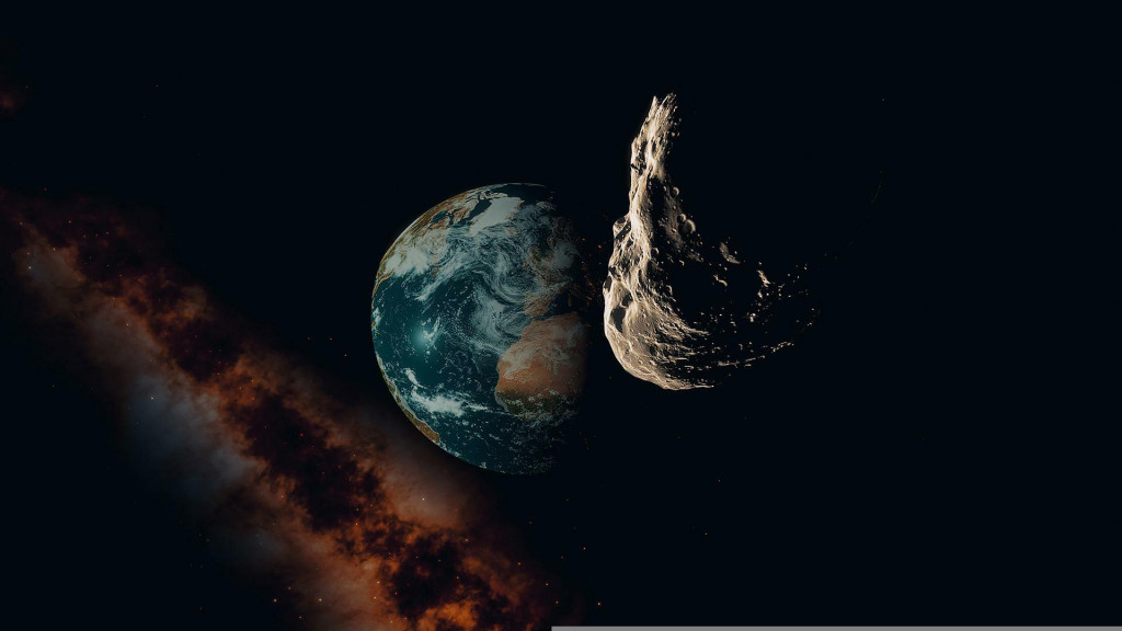 Ilustrácia asteroidu blížiacemu sa k Zemi.