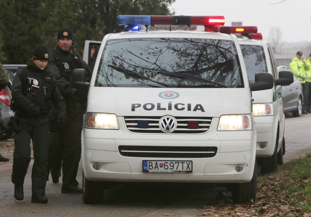 Slovenskí policajti stojaci pri službobnom vozidle. FOTO: HN/Peter Mayer