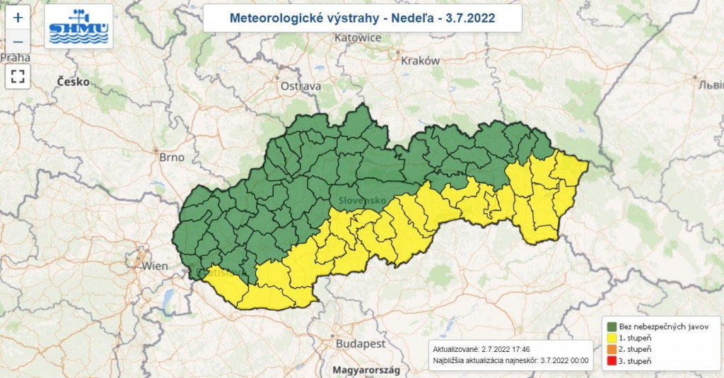 Výstraha pred vysokými teplotami na nedeľu 3. júla 2022. FOTO: SHMÚ