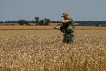 Ukrajinský vojak stojí na pšeničnom poli v Dnepropetrovskej oblasti na Ukrajine. FOTO: Reuters