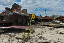 Zničené ruské vojenské vozidlá sú vidieť v areáli poľnohospodárskej farmy, ktorú ruské jednotky používali ako vojenskú základňu počas ruského útoku na Ukrajinu, v Charkovskej oblasti, Ukrajina 17. júla 2022. FOTO: REUTERS