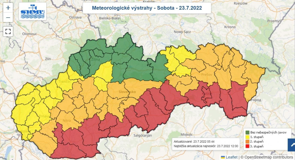 Výstrahy pre sobotu 23. júla 2022. FOTO: SHMÚ