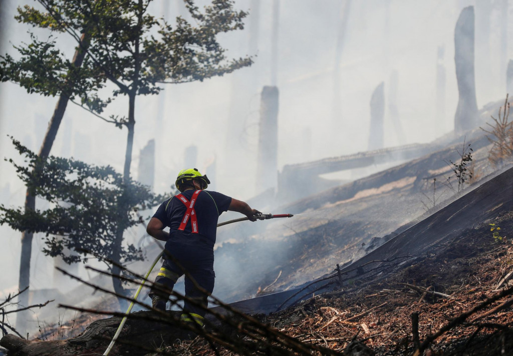 A firefighter works to contain a wildfire as it continues to burn in a forest near the town of Hrensko, Czech Republic, July 26, 2022. REUTERS/David W Cerny SNÍMKA: David W Cerny