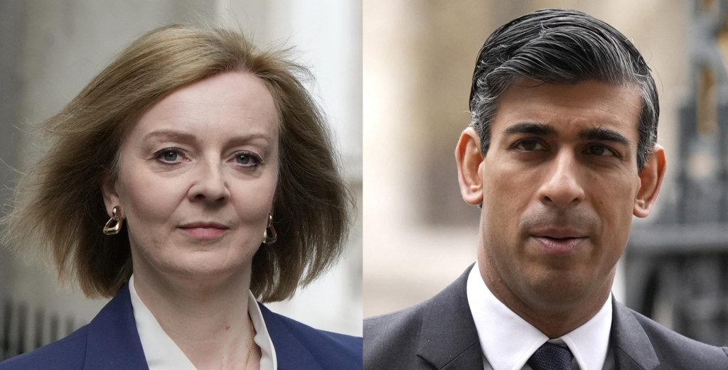 Kandidáti na lídra britskej Konzervatívnej strany - ministerka zahraničných vecí Liz Trussová (vľavo) a bývalý minister financií Rishi Sunak. FOTO: TASR/AP