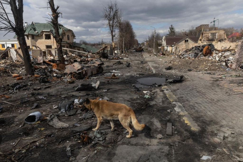 Zničená ulica v meste Buča. FOTO: Reuters