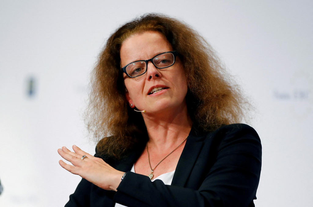 Isabela Schnabelová, členka exekutívnej rady ECB, na tlačovej konferencii vo Frankfurte nad Mohanom. REUTERS/Ralph Orlowski/File Photo FOTO: Ralph Orlowski