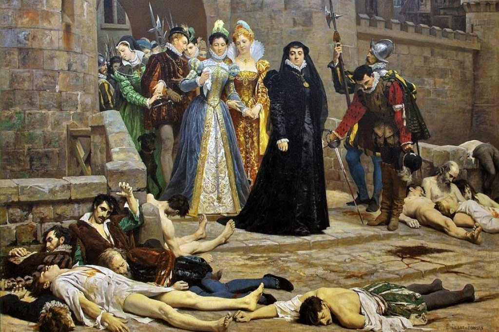Ráno pred bránami Louvru. Obraz Édouarda Debat-Ponsana z 19. storočia znázorňuje Katarínu Medicejskú vychádzajúcu z paláca po Bartolomejskej noci. Podľa niektorých názorov mohla ráve ona patriť k hlavným iniciátorom masového vraždenia hugenotov.