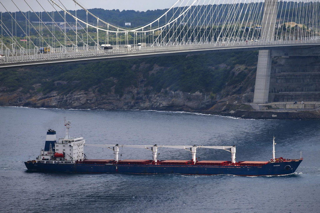 Nákladná loď Razoni skontrolovaná ruskými, ukrajinskými, tureckými úradníkmi ako aj úradníkmi OSN pri jej vstupe do Bosporského prielivu v Istanbule. FOTO: TASR/AP

