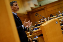 Španielsky premiér Pedro Sanchez hovorí počas zasadnutia španielskeho Senátu v Madride. FOTO: Reuters