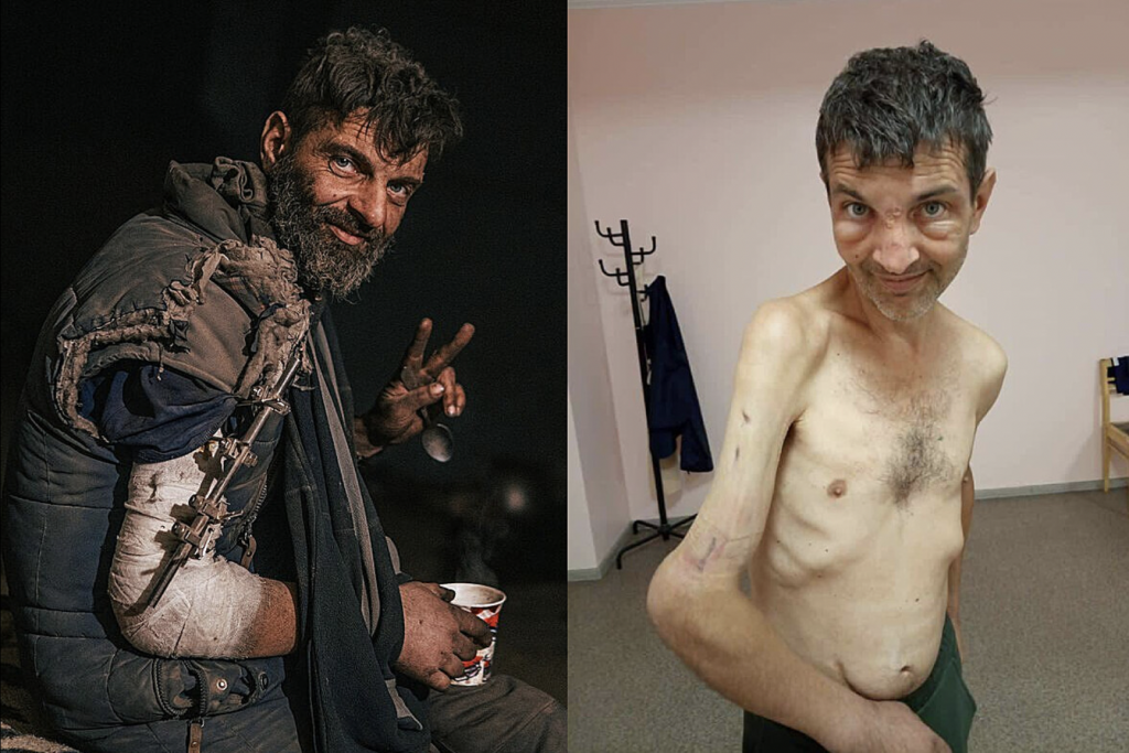 Ukrajinský vojak Mychajlo Djanov. Vľavo v oceliarňach Azovstal počas ruského obliehania Mariupolu, vpravo po prepustení z ruského zajatia.