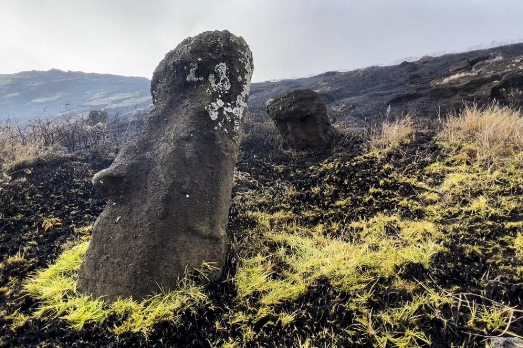 Jedna z poškodených sôch na Veľkonočnom ostrove. FOTO: Profimedia