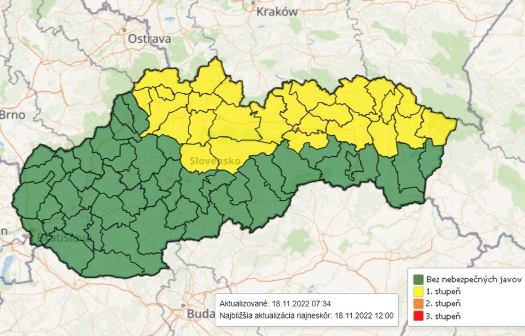 Výstrahy pred poľadovicou pre piatok 18. novembra. FOTO: SHMÚ