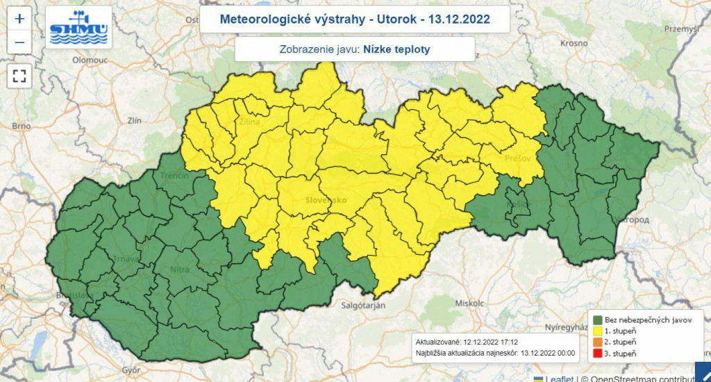 Výstraha prvého stupňa pred nízkymi teplotami. MAPA: SHMÚ