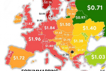 Mapa Európy s cenami benzínu, ktorú zverejnilo Ruské veľvyslanectvo vo Švédsku. FOTO: Twitter/Russian Embassy, Swe