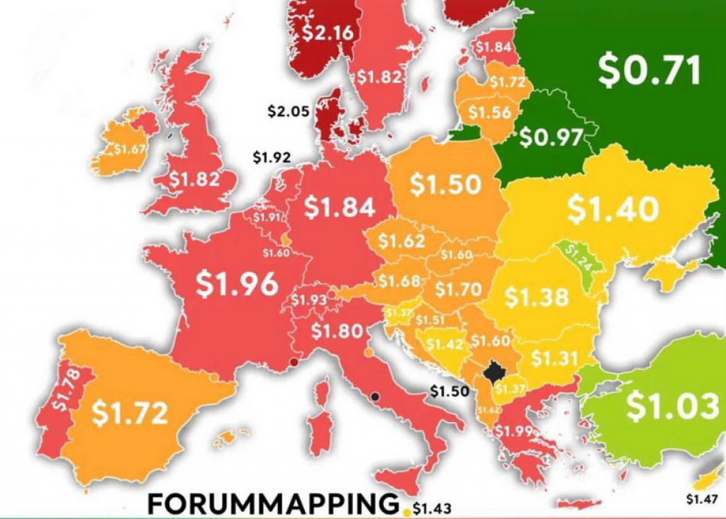Mapa Európy s cenami benzínu, ktorú zverejnilo Ruské veľvyslanectvo vo Švédsku. FOTO: Twitter/Russian Embassy, Swe