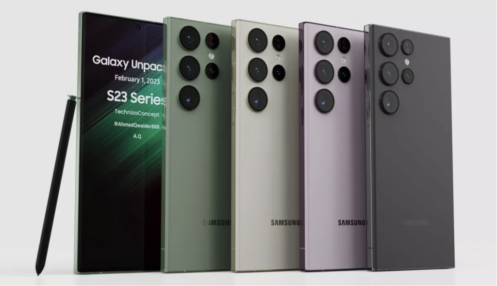 Pravdepodobný dizajn pripravovanej novinky Samsung Galaxy S23 Ultra, ktorá by mala obsahovať aj nový 200 MP snímač fotoaparátu. FOTO: Technizoconcept