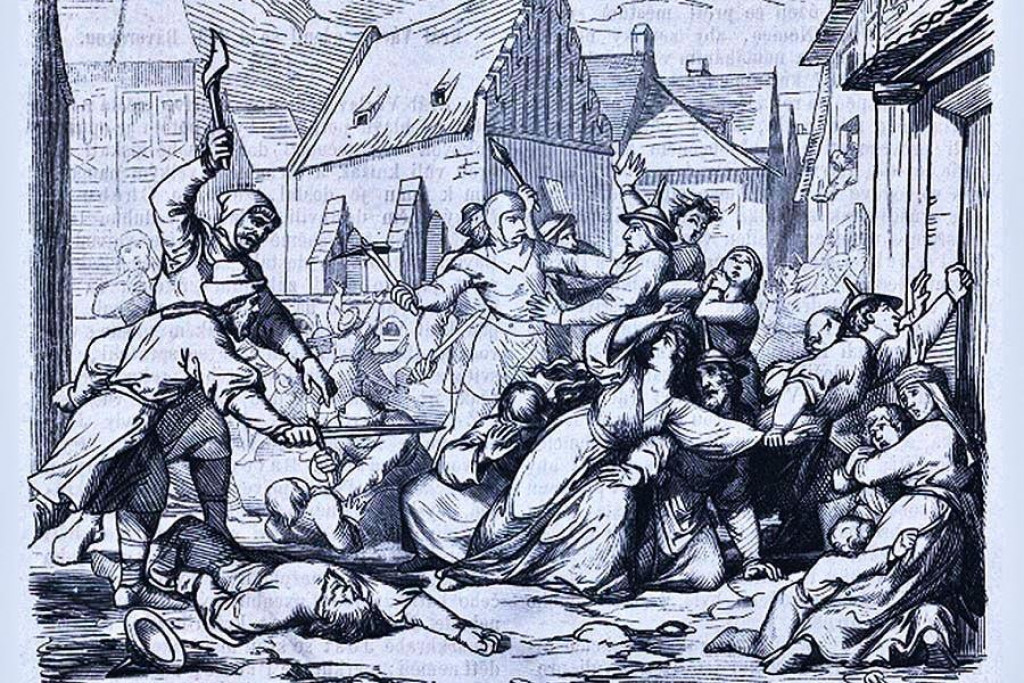 Pražský pogrom na Veľkú noc roku 1389 na kresbe z 19. storočia. Zámienkou bolo tvrdenie, že židovský chlapec znesvätil kríž; následne došlo k vydrancovaniu pražského geta a vyvraždeniu takmer celej židovskej komunity v Prahe.