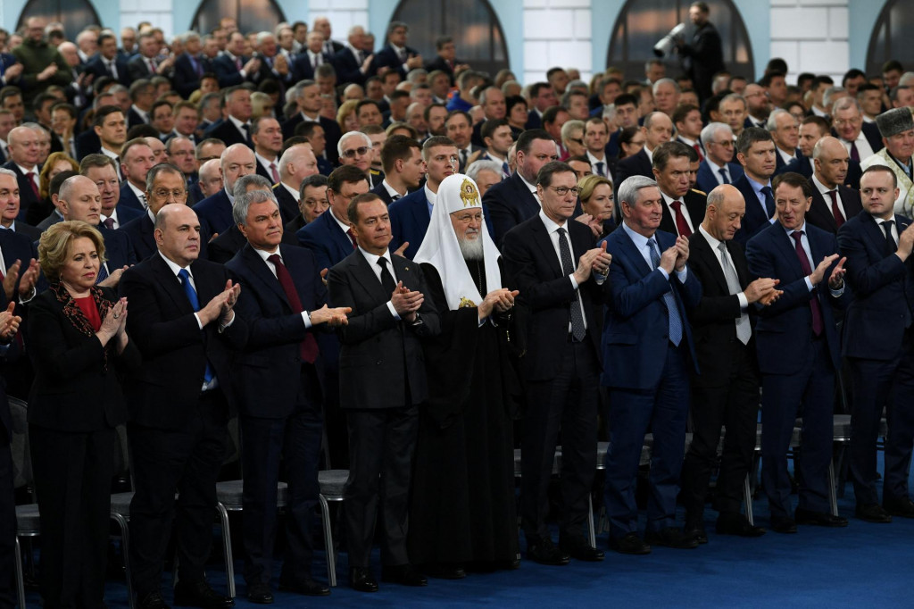 Účastníci počas výročného prejavu ruského prezidenta Vladimira Putina pred Federálnym zhromaždením v Moskve, Rusko. FOTO: REUTERS