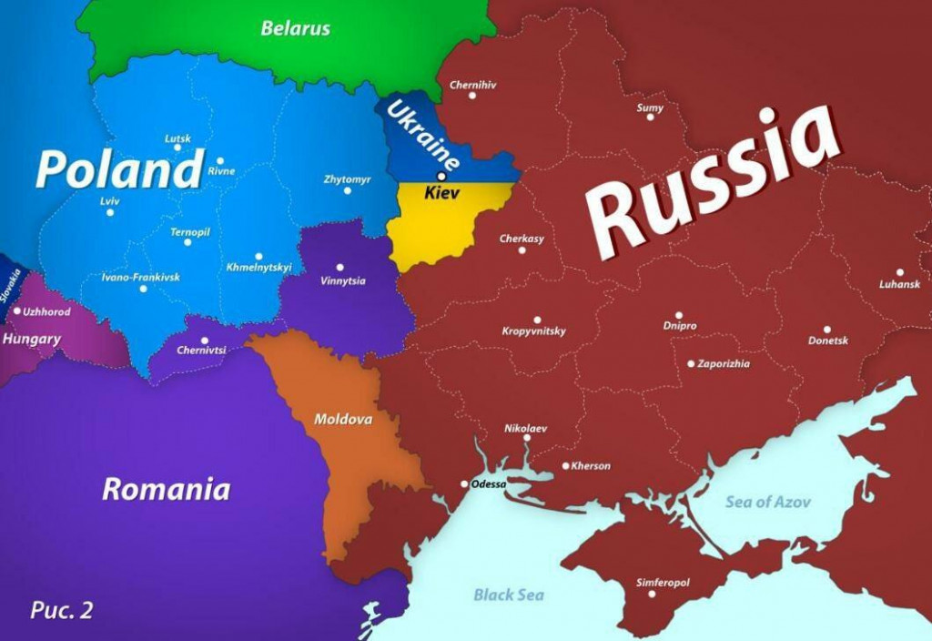 Jedna z mapiek, ktorá zobrazuje povojnové rozdelenie ukrajinského územia. Obrázok: Telegram/Dmitrij Medvedev
