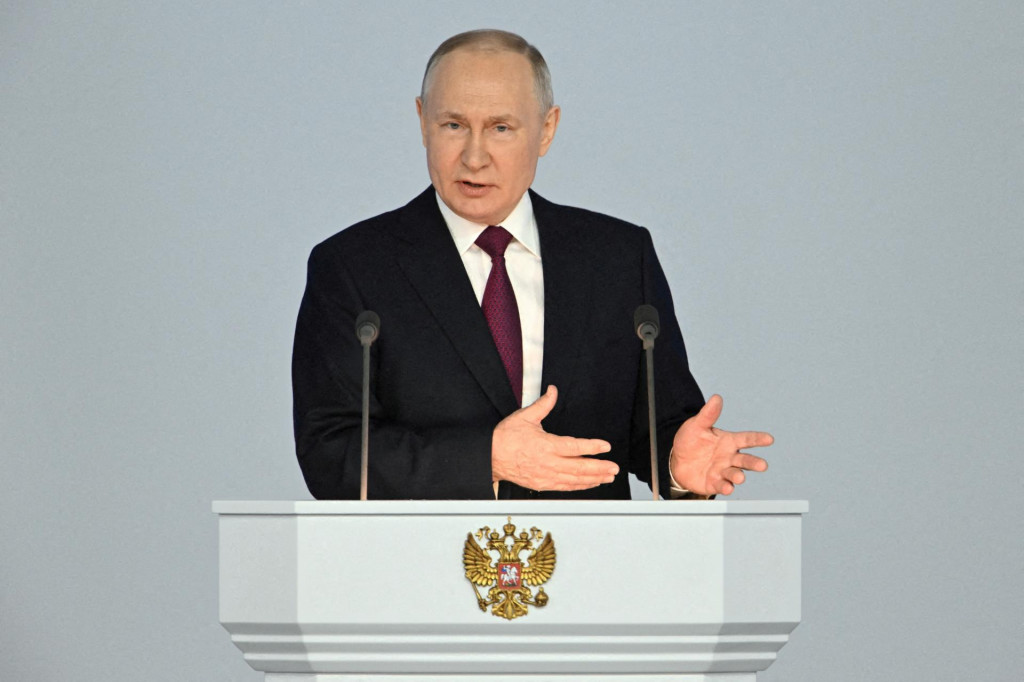 Ruský prezident Vladimir Putin počas výročného vystúpenia. FOTO: Reuters/Sputnik