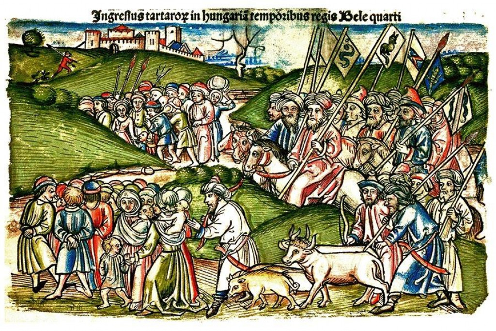 Vpád Mongolov do Uhorska, ako je zobrazený v Kronike Jána z Turca z roku 1488.