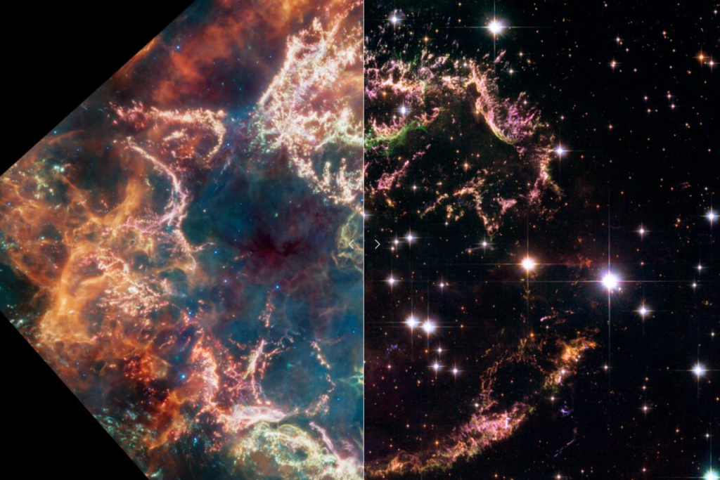 Naľavo snímka zhotovená Webbovým teleskopom, napravo Hubblovým.