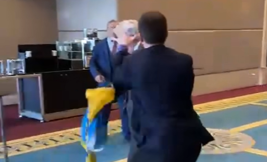 Ukrajinsk&yacute; predstaviteľ Olexandr Marikovskyj udiera rusk&eacute;ho predstaviteľa. FOTO: Reprofoto/FB/Oleksandr Marikovski